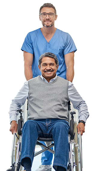 male caregiver pushing senior man in a wheelchair